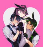  1girl 2boys animal_ears bare_shoulders black_bow black_bowtie black_gloves black_hair black_leotard black_vest bow bowtie breasts cleavage collared_shirt commentary cowboy_shot detached_collar fukushiro_hijiri furrowed_brow gloves grey_pantyhose hair_between_eyes hair_ribbon hand_on_another's_cheek hand_on_another's_face hattori_heiji highres holding_another's_wrist leotard light_blush light_frown looking_at_another love_triangle medium_breasts meitantei_conan multiple_boys pantyhose parted_bangs pink_background pink_eyes pink_ribbon playboy_bunny ponytail rabbit_ears ribbon sayaendou0426 shirt strapless strapless_leotard tooyama_kazuha untranslatable_commentary upper_body vest waistcoat white_shirt white_wrist_cuffs wrist_cuffs 