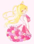  1girl blonde_hair bouquet breasts commentary don_quixote_(project_moon) dress e.g.o_(project_moon) eyelashes floating_hair flower highres in_the_name_of_love_and_hate_(e.g.o) large_breasts limbus_company lobotomy_corporation_(identity)_(project_moon) long_hair looking_at_viewer looking_back magical_girl open_mouth pink_dress pink_flower pink_rose project_moon ritaritatter96 rose smile solo two_side_up untranslatable_commentary upper_body yellow_eyes yellow_flower yellow_rose 