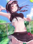  1girl absurdres ball bandaid bandaid_on_cheek bandaid_on_face black_hair black_skirt blush bow braid breasts brown_eyes chain-link_fence cloud commentary fence hair_bow highres holding multicolored_hair navel nen_0405 pink_bow pink_hair pixellink racket raki_kazuki second-party_source skirt sky solo stomach streaked_hair tennis tennis_ball tennis_racket virtual_youtuber visor_cap whiskers 