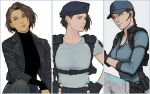  1girl bare_shoulders black_jacket brown_hair gun hat jacket jill_valentine multiple_persona open_clothes open_jacket resident_evil resident_evil_1 resident_evil_3:_nemesis resident_evil_3_(remake) resident_evil_5 sardine_(kjr0313) shirt short_hair weapon 