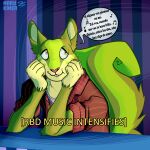  absurd_res anthro buckteeth bust_portrait clothing fan_character fur green_body green_eyes green_fur hi_res male mammal marykimer portrait rodent sciurid simple_background solo speech_bubble teeth text tree_squirrel 