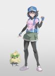  1girl backpack bag baseball_cap black_bodysuit black_hair blue_bag blue_gloves blue_hat bodysuit browt commentary english_commentary female_protagonist_(pokemon_ww) fingerless_gloves gloves gradient_background grey_background grey_eyes hat highres holding holding_poke_ball one_eye_closed pink_shirt poke_ball pokemon pokemon_(creature) pokemon_ww shirt shoes short_hair simple_background thorn_(kmconceptart) white_background white_shoes 