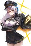 absurdres black_choker black_gloves black_hair black_jacket black_skirt blue_bow bow breasts character_name choker commentary_request crossed_arms fingerless_gloves glasses gloves goddess_of_victory:_nikke green_eyes grey_hair grin hair_bow hat high-waist_skirt highres jacket jacket_on_shoulders jindogod large_breasts long_hair looking_at_viewer midriff neo-neon_(nikke) neon_(nikke) peaked_cap simple_background skirt smile solo thighs white_background 