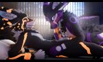 3d_(artwork) absurd_res animal_genitalia animal_penis anthro back_fur balls bed black_body black_fur blush camrige_(character) canine_genitalia canine_penis cheek_tuft deuzear digital_media_(artwork) duo erection facial_tuft fellatio fur furniture genitals glowing glowing_markings grey_body grey_fur hair hand_on_penis happy hi_res inner_ear_fluff knot knotted_penis lill_esp looking_at_another looking_pleasured lying lying_on_bed male male/male male_penetrated male_penetrating markings multicolored_body nude on_back on_bed on_elbow oral oral_penetration penetration penile penis purple_body purple_fur seductive sex tuft wharf_(character) yellow_markings