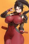  1girl black_hair bodysuit breasts commission cowboy_shot high_ponytail large_breasts long_hair ninja orange_background ponytail red_bodysuit simple_background skeb_commission skin_tight solo soulcalibur taki_(soulcalibur) yotastar 