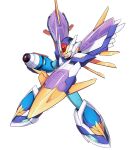  1boy absurdres android arm_cannon armor blue_armor full_body helmet highres mechanical_wings mega_man_(series) mega_man_x_(series) simple_background solo surrealmason weapon white_armor white_background white_helmet wings x_(mega_man) 