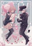  1boy 1girl anger_vein animal_bag backpack bag bangs black_footwear black_gloves black_headwear black_jacket black_pants brown_hair brown_skirt cat_bag character_print cheer_(cheerkitty14) collared_shirt danganronpa:_trigger_happy_havoc danganronpa_(series) danganronpa_2:_goodbye_despair diaper ear_bow english_commentary flipped_hair fujisaki_chihiro gloves grey_background grey_eyes grey_hair hair_ornament hairclip highres holding jacket keebo long_sleeves looking_down medium_hair monokuma monomi_(danganronpa) nanami_chiaki neck_ribbon outline pants parted_lips pink_eyes pink_footwear pink_ribbon pleated_skirt ribbon sharp_teeth shirt skirt sleeves_past_wrists spaceship_hair_ornament sweat teeth thighhighs translation_request white_outline white_shirt zettai_ryouiki 