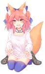  1girl animal_ear_fluff animal_ears blue_bow blue_legwear bow buwad fate/grand_order fate_(series) flat_chest fox_ears fox_girl fox_tail hair_bow heart heart-shaped_pupils highres long_sleeves pink_hair seiza shirt sidelocks sitting solo symbol-shaped_pupils tail tamamo_(fate)_(all) tamamo_no_mae_(fate) thighhighs twintails white_shirt yellow_eyes younger 