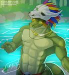 abs anthro bone bone_mask feathers foxtailsgua gold_(metal) gold_jewelry green_body hi_res jewelry lihzahrd lizardman male mask muscular muscular_anthro muscular_male pecs scales scalie skull skull_accessory skull_mask solo terraria witch_doctor_(terraria) yellow_eyes