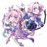  2girls aqua_hair black_gloves blue_eyes blue_skirt bowl breasts camera commentary commentary_request cyrene_(demiurge)_(honkai:_star_rail) cyrene_(honkai:_star_rail) deformed dress english_commentary flower gloves gradient_hair hair_flower hair_ornament heart high_heels highres holding holding_bowl holding_camera honkai:_star_rail honkai_(series) long_hair march_7th_(honkai:_star_rail) march_7th_(preservation)_(honkai:_star_rail) medium_breasts multicolored_hair multiple_girls pink_hair pivkamne purple_eyes shirt short_hair skirt smile two-tone_hair very_long_hair white_dress white_shirt 