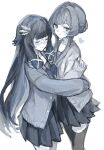 2girls alternate_costume arms_around_back arms_around_waist black_hair black_skirt black_thighhighs blush buttons cardigan closed_eyes closed_mouth columbina_(genshin_impact) eye_mask genshin_impact greyscale hair_bun hair_flaps hair_ornament hair_ribbon hashtag-only_commentary heart highres hug hyemk long_hair long_sidelocks long_sleeves mask monochrome multiple_girls multiple_wings open_cardigan open_clothes pleated_skirt ribbon sandrone_(genshin_impact) school_uniform see-through_clothes see-through_mask short_hair short_hair_with_long_locks sidelocks skirt smile sweater thighhighs v-neck very_long_hair white_wings wing_hair_ornament wings x-shaped_eyewear yuri 
