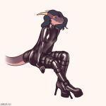  1:1 belt boots chloe_(glopossum) clothing dragon female footwear glopossum hi_res high_heels horn reptile rubber rubber_boots rubber_suit scalie shy simple_background sitting solo trans_(lore) trans_woman_(lore) 