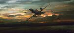  cloud cloudy_sky darek_zabrocki english_commentary flying highres no_humans rebel_alliance science_fiction signature sky space_craft star_wars starfighter sunset t-65_x-wing vehicle_focus x-wing 