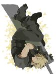  1boy armor baggy_pants belt black_boots black_gloves black_pants black_shirt blonde_hair boots buster_sword closed_eyes cloud_strife commentary final_fantasy final_fantasy_vii final_fantasy_vii_remake gloves hair_between_eyes highres holding holding_sword holding_weapon male_focus multiple_belts pants pauldrons petals shirt short_hair shoulder_armor single_pauldron sketch sleeveless sleeveless_turtleneck solo soten_sq spiked_hair sword toned toned_male turtleneck weapon white_background yellow_petals 