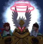  1girl 2boys armor bare_shoulders black_hair brown_hair digimon digimon_(creature) digimon_story:_time_stranger glowing glowing_eyes gold_armor gold_helmet group_picture halo helmet highres jupitermon mnmars_art multiple_boys red_halo short_hair winged_helmet yellow_eyes yuuki_dan yuuki_kanan 