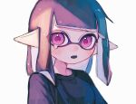  1girl black_shirt blush commentary_request furrowed_brow highres inkling inkling_girl inkling_player_character kodak_painter long_hair open_mouth pink_eyes pink_pupils pointy_ears purple_hair sad shirt simple_background solo splatoon_(series) tearing_up tentacle_hair upper_body white_background 