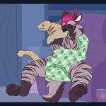 4_toes ambiguous_gender anthro black_sclera blue_pacifier blush blush_lines bodily_fluids bri_(kalash) brown_body brown_ears brown_fur brown_nose brown_pawpads brown_stripes brown_tail bubble bubblepuppers button_(fastener) canid canid_demon canine chair character_plushie chip_bag claws clean_diaper clothed clothing curly_hair demon diaper diaper_peekage diaper_under_clothing diaper_under_onesie door drooling feet floor folded_diaper full-length_portrait fur furniture gloves_(marking) green_onesie hair head_horn hellhound hi_res holding_object holding_plushie horn hyena inside kamata-kun leg_markings letterbox mammal markings mythological_canine mythological_creature mythology object_in_mouth on_chair one_eye_closed onesie pacifier pacifier_in_mouth pawpads pink_claws pink_diaper pink_hair pink_horn pink_toe_claws plushie portrait saliva sitting sitting_on_chair snapsuit socks_(marking) solo striped_body striped_fur stripes tail tan_inner_ear three-quarter_view toe_claws toes trans_(lore) trans_woman_(lore) wall_(structure) wearing_diaper window wood wood_door wood_floor