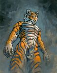  2021 5_fingers anthro athletic balls black_stripes digital_media_(artwork) felid fingers fur genitals hibbary looking_at_viewer male mammal muscular muscular_male orange_body orange_eyes orange_fur pantherine solo striped_body striped_fur stripes tiger whiskers 