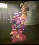 2018 2_horns 4_horns absurd_res ankle_jewelry anthro arrow_(weapon) backsash bag belt belt_buckle bottomwear bow_(weapon) brown_body brown_scales buckle cape carrying_another clothed clothing curved_horn female frown gloves gold_(metal) gold_jewelry group handwear hat headgear headwear hi_res horn inside jewelry kneeling kobold leaning_on_object lifting_another lock loincloth male markings moss multi_horn neckwear on_shoulders one_eye_closed orange_eyes partially_clothed piko_(simplifypm) plant pockets prison_bars purple_body purple_clothing purple_hat purple_headwear purple_scales ranged_weapon red_body red_scales safe_(container) scales scalie shelf small_horn spots spotted_body standing_on_another standing_on_shoulders stealing stepping_on_head tongue tongue_out trio weapon yellow_eyes