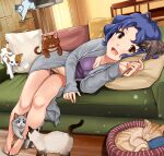  1girl :d absurdres antenna_hair bangs bare_legs barefoot beige_skirt blue_hair breasts brown_eyes cat cat_teaser chair cleavage closed_eyes couch curtains dust_particles grey_robe hanamasa_ono highres idolmaster idolmaster_million_live! indoors jewelry lavender_panties light_blush long_sleeves looking_at_viewer lying medium_breasts necklace on_couch on_side open_mouth panties pantyshot parted_bangs pet_bed pillow platform purple_shirt robe shirt short_hair siamese_cat skirt sleeping smile tabby_cat table thick_eyebrows toyokawa_fuuka underwear 