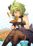  ! 1girl ballerina bare_shoulders black_choker black_dress black_gloves bow bow_choker breasts brown_pantyhose caught choker collei_(dodo_pizza)_(genshin_impact) collei_(genshin_impact) commentary corrupted_twitter_file cup disposable_cup dress eating feet_out_of_frame food food_in_mouth food_on_face genshin_impact gloves green_hair hair_between_eyes highres holding holding_food holding_pizza kiki_witch knees_up long_hair looking_at_viewer official_alternate_costume pantyhose patterned_background pizza pizza_box pizza_slice purple_eyes small_breasts solo strapless strapless_dress twitter_username untranslatable_commentary 