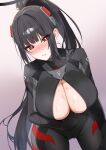  1girl black_bodysuit black_hair blue_archive blush bodysuit breasts bright_pupils gradient_background halo heart heart-shaped_pupils highres huge_breasts long_hair looking_at_viewer official_alternate_costume parted_lips ponytail red_eyes rio_(armed)_(blue_archive) rio_(blue_archive) simple_background solo sweat symbol-shaped_pupils very_long_hair white_pupils yappen 