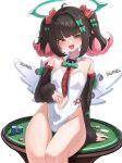 1girl absurdres adapted_costume arm_support ass_visible_through_thighs bare_shoulders black_hair bow clothing_cutout collarbone colored_inner_hair commentary cowboy_shot detached_sleeves dress fur-trimmed_sleeves fur_trim green_bow green_halo hair_bow halo harveythenerdy highres leotard looking_at_viewer multicolored_hair multiple_hair_bows nangong_yu navel navel_cutout necktie open_mouth poker_chip poker_table red_bow red_eyes red_necktie round_table short_twintails simple_background sitting sleeve_bow solo spread_navel strapless strapless_leotard table twintails white_background white_dress white_leotard white_wings wings zenless_zone_zero 