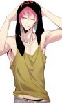 1boy 2y arms_up closed_mouth collarbone commentary_request drying drying_hair drying_own_hair free! grey_pants looking_to_the_side male_focus male_underwear male_underwear_peek matsuoka_rin one_eye_closed pants pink_hair short_hair simple_background solo tank_top towel towel_on_head underwear wet white_background 
