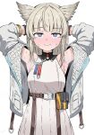  1girl animal_ears arknights arknights:_endfield armpits arms_behind_head arms_up belt belt_pouch bird_ears bird_girl black_gloves blue_eyes brown_belt chest_belt closed_mouth dress gloves highres hyojin_en jacket long_hair looking_at_viewer off_shoulder open_clothes open_jacket perlica_(arknights) pouch sleeveless sleeveless_dress smile solo sweat underbust upper_body white_background white_dress white_jacket 