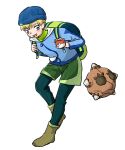  1boy backpack bag beanie blonde_hair blue_eyes character_request chi.:_chikyuu_no_undou_ni_tsuite commentary_request contemporary crossover hat holding holding_poke_ball minior minior_(meteor) open_mouth poke_ball poke_ball_(basic) pokemon pokemon_(creature) qmy2756 shorts simple_background smile solo white_background 