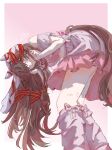  1girl absurdres animal_ears bent_over breasts brown_hair closed_mouth clothing_cutout commentary_request cropped_shirt ear_covers ear_ribbon empallz hair_between_eyes hair_ornament highres horse_ears horse_girl horse_tail layered_skirt long_hair looking_at_viewer loose_socks meni_shuki_rush-sshu! midriff multicolored_hair pink_shirt pink_skirt pink_socks red_eyes ribbon shirt shoulder_cutout skirt small_breasts socks solo still_in_love_(umamusume) streaked_hair tail tongue tongue_out umamusume veil white_streaks white_veil 