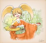  1girl blonde_hair blush bow commentary_request danganronpa_(series) danganronpa_2:_goodbye_despair dated english_text eyelashes green_bow green_sash hair_bow hand_fan happy_birthday holding holding_fan japanese_clothes kimono kiri_(2htkz) long_hair long_sleeves obi open_mouth orange_kimono saionji_hiyoko sash signature smile smug solo teeth twintails upper_teeth_only yellow_eyes 