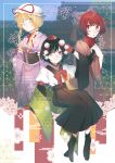  3girls :/ absurdres alternate_costume alternate_hair_length alternate_hairstyle arm_warmers asa_no_ha_(pattern) black_arm_warmers black_hair black_shirt black_shoes black_socks blonde_hair blue_bow blue_sky blurry blurry_background border bow bowtie brown_cloak brown_collar brown_sash brown_skirt check_clothing cloak closed_mouth clothing_request collar egasumi floral_print flower_request frilled_sash geta gloves green_scarf hair_bow hands_on_own_hips hashtag-only_commentary hat hat_ribbon highres holding holding_unworn_clothes holding_unworn_scarf japanese_clothes kimono light_frown long_sidelocks long_skirt long_sleeves looking_at_viewer mob_cap multicolored_eyes multiple_girls neck_ribbon necktie obi parted_lips pleated_skirt pointy_ears pom_pom_(clothes) puffy_short_sleeves puffy_sleeves purple_eyes purple_kimono red_background red_bow red_bowtie red_eyes red_gloves red_hair red_hat red_ribbon red_scarf red_trim ribbon sash scarf sekibanki shameimaru_aya shirt shirt_tucked_in shoes short_hair short_sleeves sidelocks single_glove sitting skirt sky smile socks split_mouth striped_background striped_cloak swept_bangs tengu-geta tokin_hat toraneko_2 touhou two-tone_eyes unworn_scarf upper_body white_background white_border white_hat white_shirt wide_sleeves yakumo_yukari yellow_background yellow_eyes yellow_necktie 