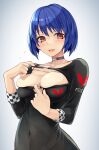  1girl alice_gear_aegis black_dress blue_hair blush choker commentary_request dress highres korezyanai looking_at_viewer matoba_aoi navel open_mouth red_eyes skindentation solo 