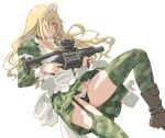  1girl apron black_panties blonde_hair blue_eyes boots camouflage_dress choker commentary_request frilled_panties frills grenade_launcher gun headdress holding holding_gun holding_weapon m32 maid_apron original panties pinakes simple_background solo underwear weapon white_background 