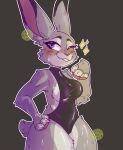  absurd_res anthro blush bodily_fluids breasts clothing disney female hand_on_hip hi_res judy_hopps lagomorph leotard leporid long_ears mammal one_eye_closed oopsie-gay rabbit rubber side_boob small_tail solo standing sweat swimwear thick_thighs tight_clothing wink zootopia 