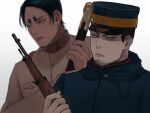  2boys black_eyes black_hair blurry dark_skin dark_skinned_male facial_hair frown golden_kamuy gun hat highres ishimaru_denki kepi koito_otonoshin male_focus military military_hat military_uniform multiple_boys rifle sheath sheathed short_hair simple_background stubble thick_eyebrows tsukishima_hajime uniform upper_body weapon white_background 