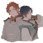  2boys armor black_hair brown_eyes felix_hugo_fraldarius fire_emblem fire_emblem:_three_houses fur-trimmed_gloves fur_collar fur_trim gloves hand_to_head long_hair male_focus multiple_boys namahamu_(hmhm_81) older orange_eyes orange_hair red_hair short_hair sylvain_jose_gautier 