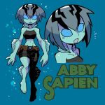  1girl :d :o abraham_sapien absurdres air_bubble bike_shorts blue_background blue_eyes blue_hair blue_skin bubble character_name closed_mouth colored_skin commentary english_commentary fins genderswap genderswap_(mtf) hellboy_(comic) highres looking_at_viewer medium_hair monster_girl multiple_views notice_lines open_mouth rariatto_(ganguri) simple_background smile underwater 