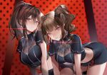 2girls ahoge all_fours black_dress blue_eyes breasts brown_hair dress drill_hair earrings eyebrows_visible_through_hair hair_between_eyes hanusu idolmaster idolmaster_million_live! idolmaster_million_live!_theater_days jewelry large_breasts leaning_forward long_hair looking_at_viewer midriff multiple_girls parted_lips polka_dot polka_dot_background ponytail purple_eyes red_background satake_minako side_drill side_ponytail yokoyama_nao 