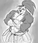  2021 anthro armor badcoyote belt biceps black_and_white blizzard_entertainment bottomwear chest_tuft claws clothed clothing crossed_arms finger_claws fur hair hi_res looking_at_viewer male mammal monochrome multicolored_body multicolored_fur musclegut muscular muscular_anthro muscular_male pandaren pecs ponytail portrait rope rope_belt sketch solo three-quarter_portrait topless triceps tuft two_tone_body two_tone_fur ursid video_games warcraft wraps wrist_wraps 