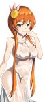  1girl bangs breasts brown_eyes brown_hair cleavage collarbone contrapposto dress flower hair_flower hair_ornament hand_on_own_cheek hand_on_own_face hand_up highres large_breasts long_hair looking_at_viewer memero_7272 nisekoi see-through shiny shiny_hair simple_background smile solo tachibana_marika wet wet_clothes wet_hair white_background white_dress 