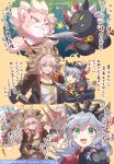  bell black_body black_fur chest_tuft clothed clothing eye_patch eyewear felid female fur gileon_(puzzle_and_dragons) green_eyes group hair hi_res horn human japanese_text key lion male mammal mane melee_weapon pantherine pink_body pink_fur pink_hair puzzle_and_dragons romia_(puzzle_and_dragons) sword tan_mane text translation_request tuft video_games weapon white_body white_fur white_mane zuoh 