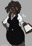  2021 absurd_res anthro aryn_(the_dogsmith) black_body black_fur blazer bottomwear breasts canid canine canis claws clipboard clothed clothing collar domestic_dog dreadlocks dress_shirt ear_piercing ear_ring eyelashes female fingers fur grey_background hi_res hoop_earrings laws looking_at_viewer mammal one_eye_closed paper piercing red_eyes shirt signature simple_background skirt solo the_dogsmith topwear wide_hips wink winking_at_viewer 