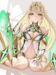  alternate_costume bangs blonde_hair breasts chest_jewel cleavage cleavage_cutout clothing_cutout highres large_breasts long_hair mythra_(xenoblade) navel prototype swept_bangs very_long_hair white-paka xenoblade_chronicles_(series) xenoblade_chronicles_2 yellow_eyes 