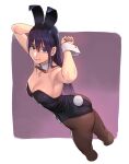  1girl animal_ears arms_up ass bare_arms bare_shoulders black_hair black_leotard bow bowtie breasts brown_legwear bunny_ears bunny_tail cleavage commentary_request cropped_legs detached_collar fake_animal_ears fake_tail highres leotard long_hair looking_at_viewer original pantyhose playboy_bunny purple_eyes purple_hair red_neckwear solo strapless strapless_leotard tail wrist_cuffs yuuji_(and) 