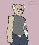  anthro ash_(monmag) belt belt_buckle bottomwear brown_body brown_fur brown_hair chest_tuft closed_frown clothing denim denim_clothing fist fur hair hyaenid jeans looking_at_viewer male mammal monmag notched_ear pants pockets prosthetic prosthetic_arm prosthetic_limb purple_eyes shoulder_tuft sleeveless sleeveless_shirt solo standing tight_clothing tuft twitter 