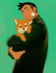  1boy animal artist_name bandaid bandaid_on_face behind_ear black_hair closed_mouth commentary crossed_arms dog english_commentary facial_hair green_background green_eyes green_jacket gyakuten_saiban holding holding_animal holding_dog itonokogiri_keisuke jacket looking_at_viewer male_focus missile_(gyakuten_saiban) mr_kasuy pencil shiba_inu short_hair sideburns smile 