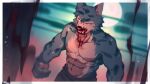  16:9 abs anthro beastars biceps blood blood_on_mouth bodily_fluids bottomwear canid canine canis clothing fur grey_body grey_fur hemuchang hi_res legoshi_(beastars) male mammal muscular muscular_anthro muscular_male pecs scar solo widescreen wolf 