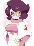  1girl artsy-rc capelet closed_mouth commentary glasses green_eyes highres looking_at_viewer medium_hair pink-framed_eyewear pink_sweater pokemon pokemon_(game) pokemon_sm purple_hair signature smile solo standing sweater white_capelet wicke_(pokemon) 
